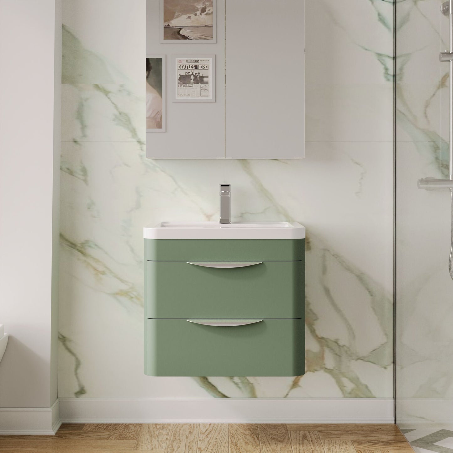Balterley Wave Contemporary Wall Hung 2 Drawer Bathroom Vanity Unit & Ceramic Basin, Satin Green, 610mm
