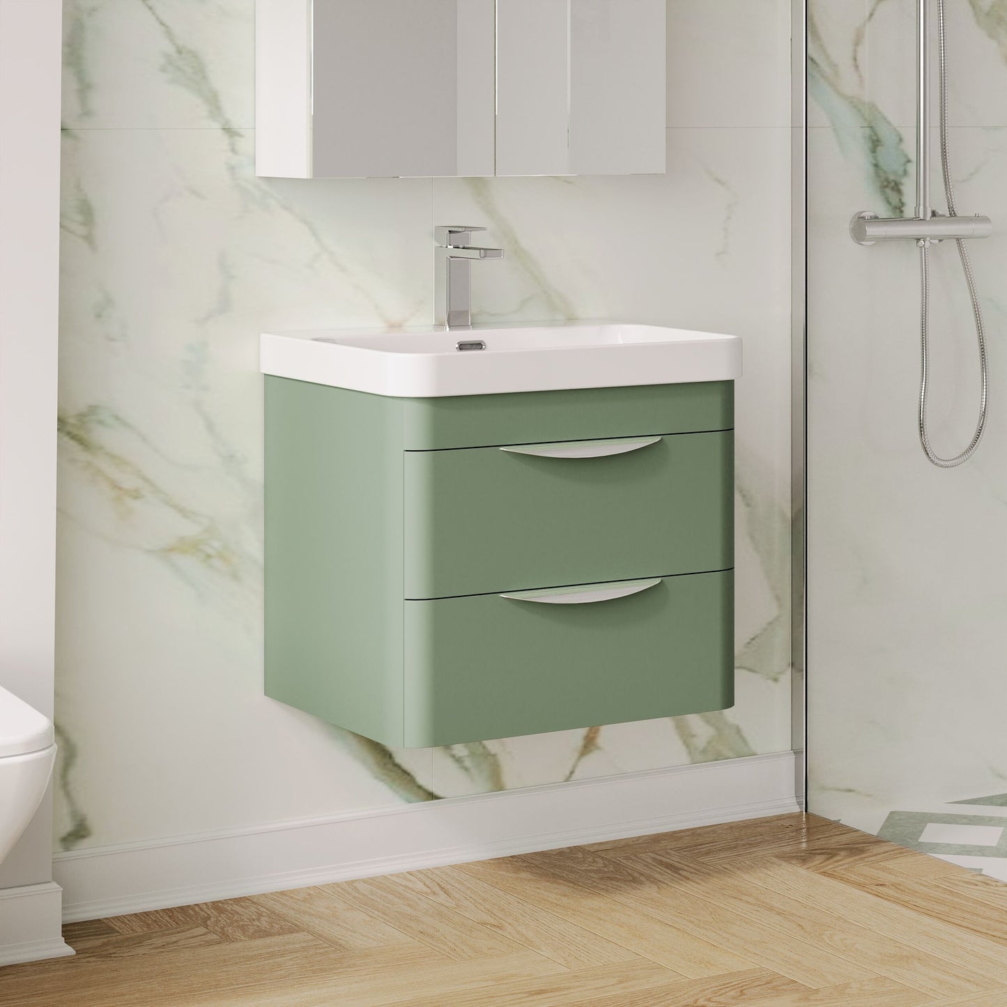 Nuie 600mm Satin Green Wall Hung 2 Drawer Vanity Unit With Ceramic Basin