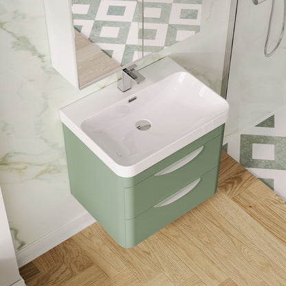 Nuie 600mm Satin Green Wall Hung 2 Drawer Vanity Unit With Ceramic Basin