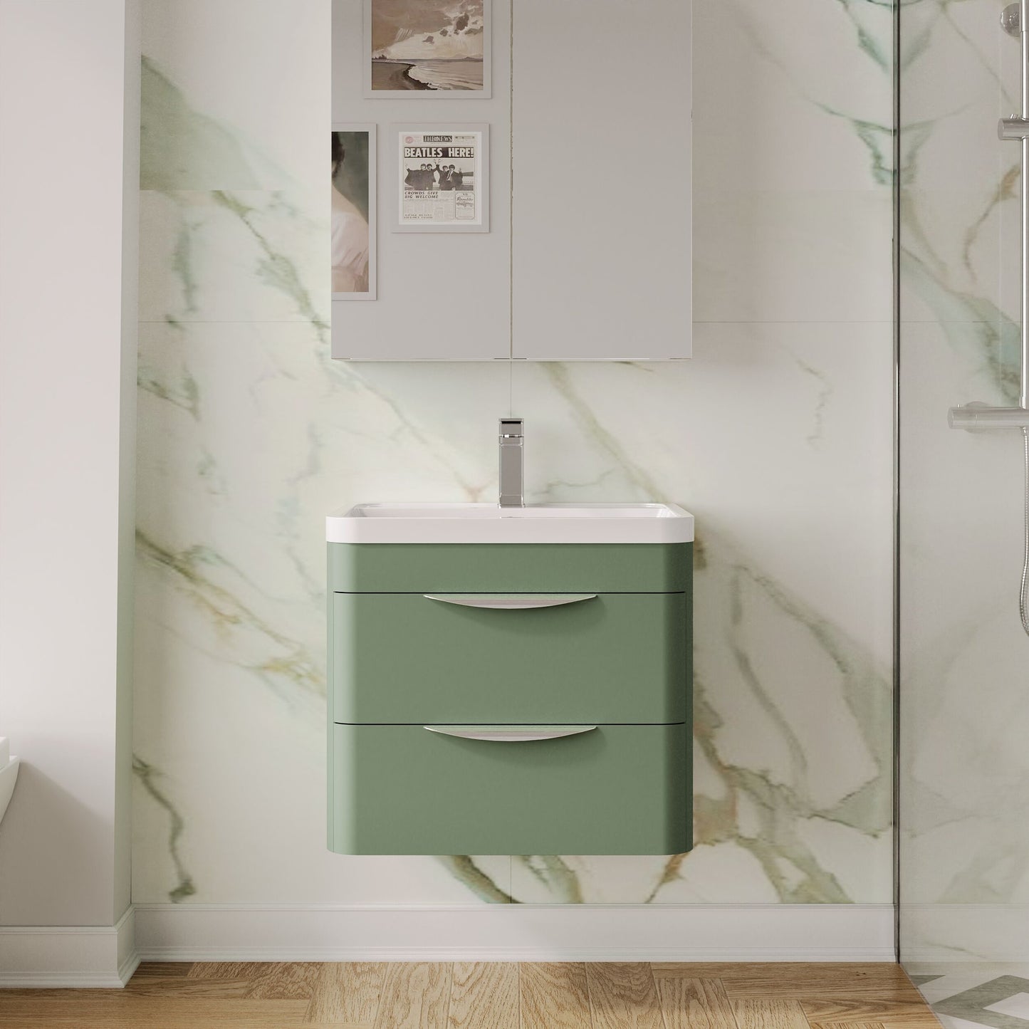 Balterley Wave Contemporary Wall Hung 2 Drawer Bathroom Vanity Unit & Polymarble Basin, Satin Green, 600mm