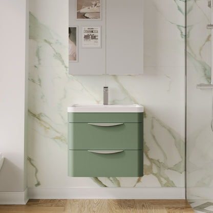 Balterley Wave Contemporary Wall Hung 2 Drawer Bathroom Vanity Unit & Polymarble Basin, Satin Green, 600mm