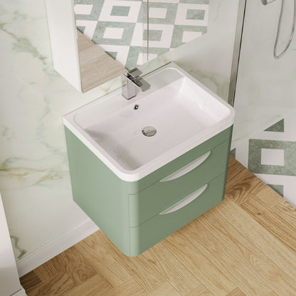 Balterley Wave Contemporary Wall Hung 2 Drawer Bathroom Vanity Unit & Polymarble Basin, Satin Green, 600mm