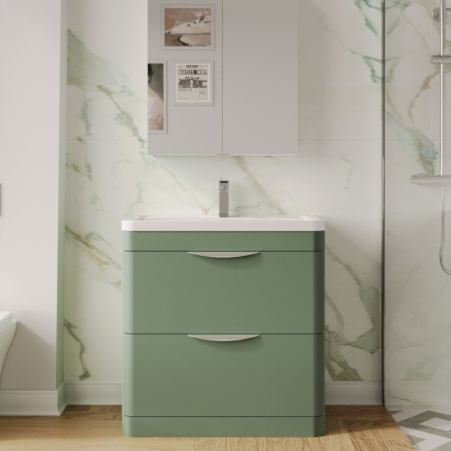 Balterley Wave Contemporary Floor Standing 2 Drawer Bathroom Vanity Unit & Ceramic Basin, Satin Green, 810mm