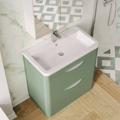 Balterley Wave Contemporary Floor Standing 2 Drawer Bathroom Vanity Unit & Ceramic Basin, Satin Green, 810mm