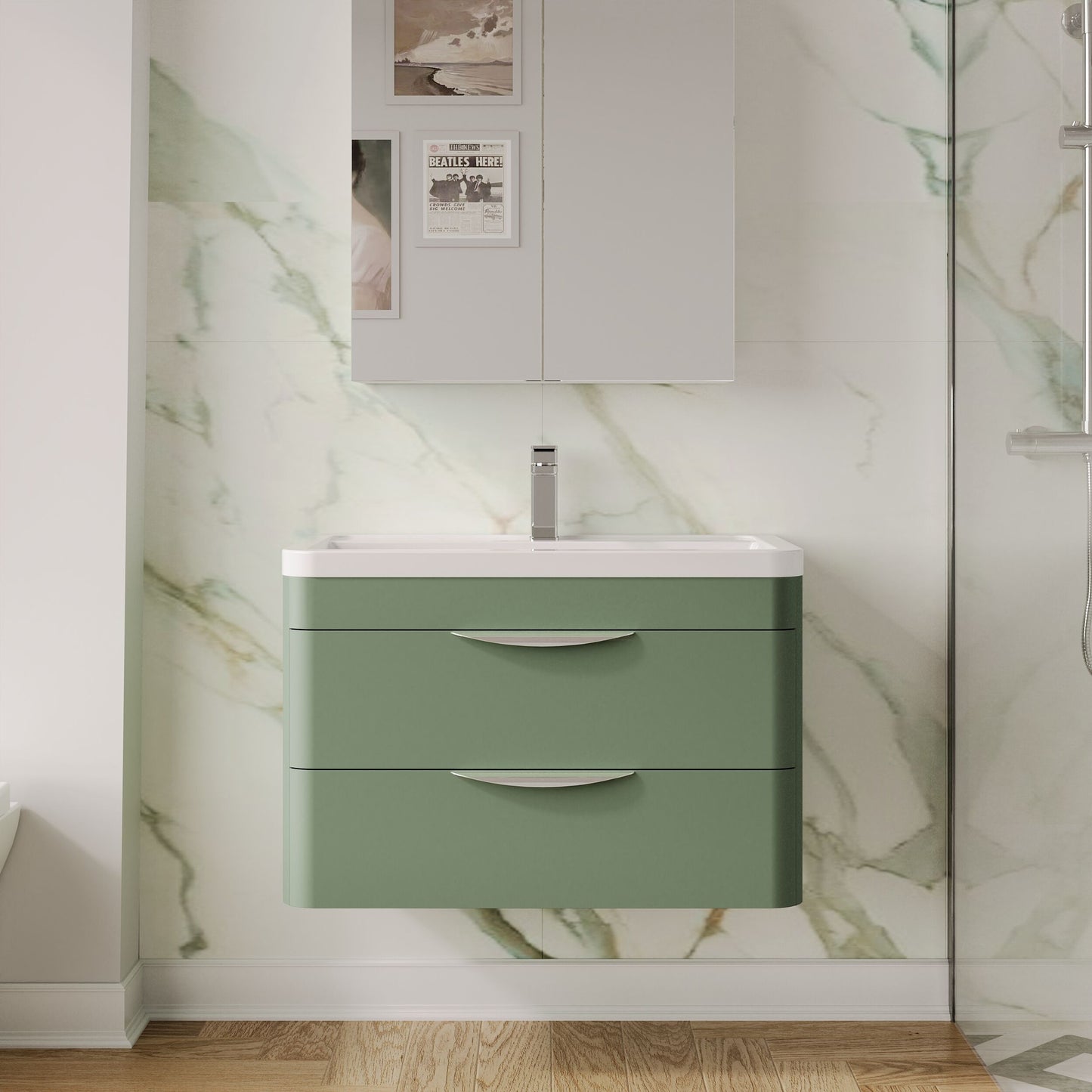 Balterley Wave Contemporary Wall Hung 2 Drawer Bathroom Vanity Unit & Ceramic Basin, Satin Green, 810mm