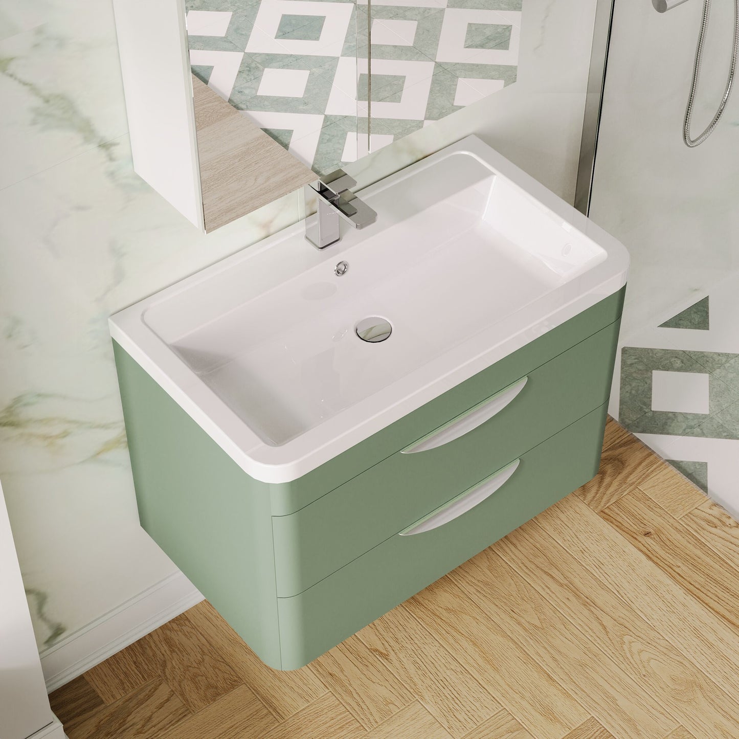Balterley Wave Contemporary Wall Hung 2 Drawer Bathroom Vanity Unit & Ceramic Basin, Satin Green, 810mm