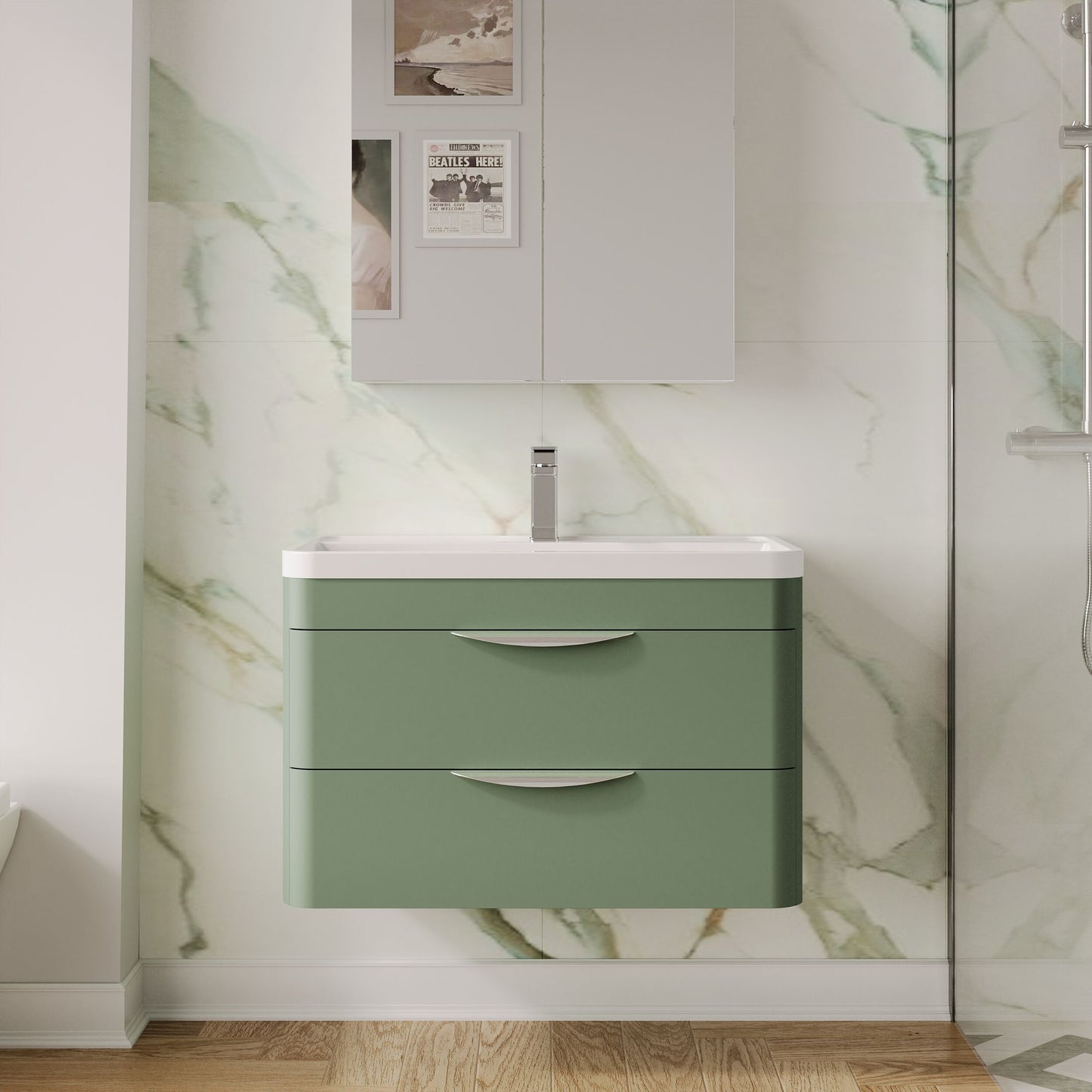 Balterley Wave Contemporary Wall Hung 2 Drawer Bathroom Vanity Unit & Polymarble Basin, Satin Green, 800mm