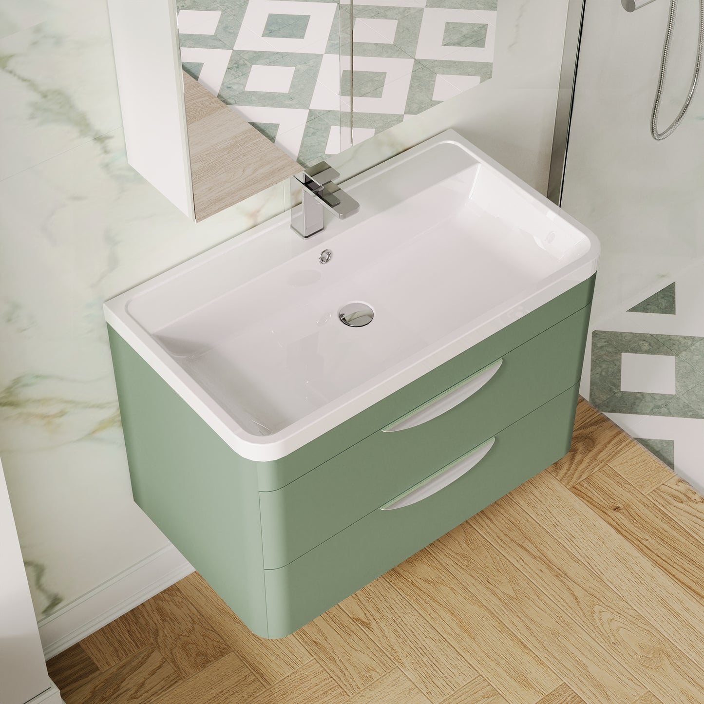 Balterley Wave Contemporary Wall Hung 2 Drawer Bathroom Vanity Unit & Polymarble Basin, Satin Green, 800mm