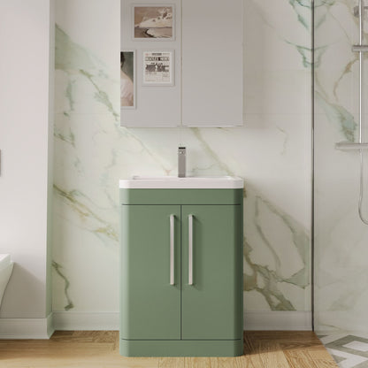 Balterley Wave Contemporary Floor Standing 2 Door Bathroom Vanity Unit & Ceramic Basin, Satin Green, 610mm