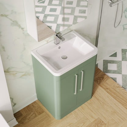Balterley Wave Contemporary Floor Standing 2 Door Bathroom Vanity Unit & Ceramic Basin, Satin Green, 610mm