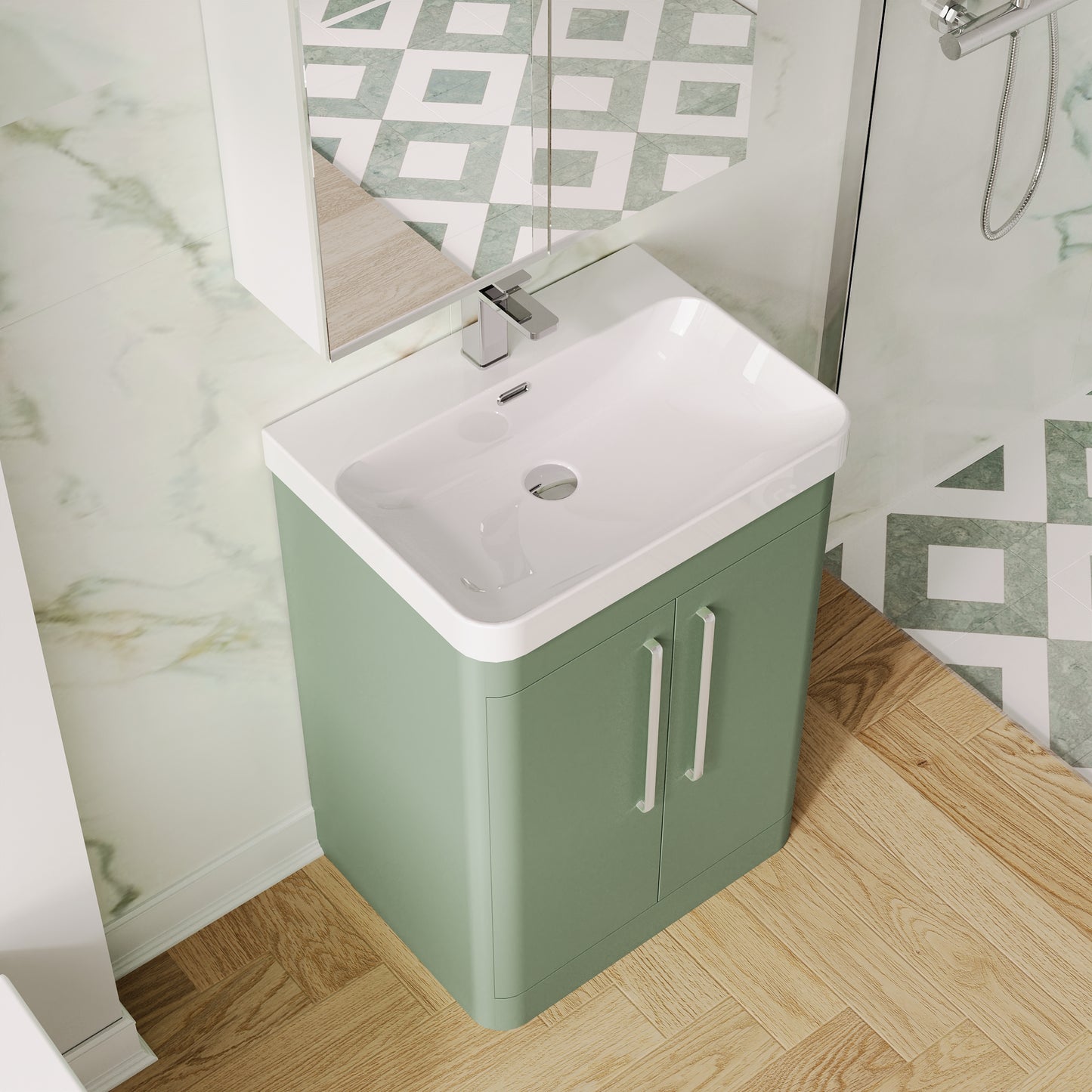 Nuie Parade 600mm Satin Green Floor Standing 2 Door Vanity Unit with Basin With 1 Tap Hole