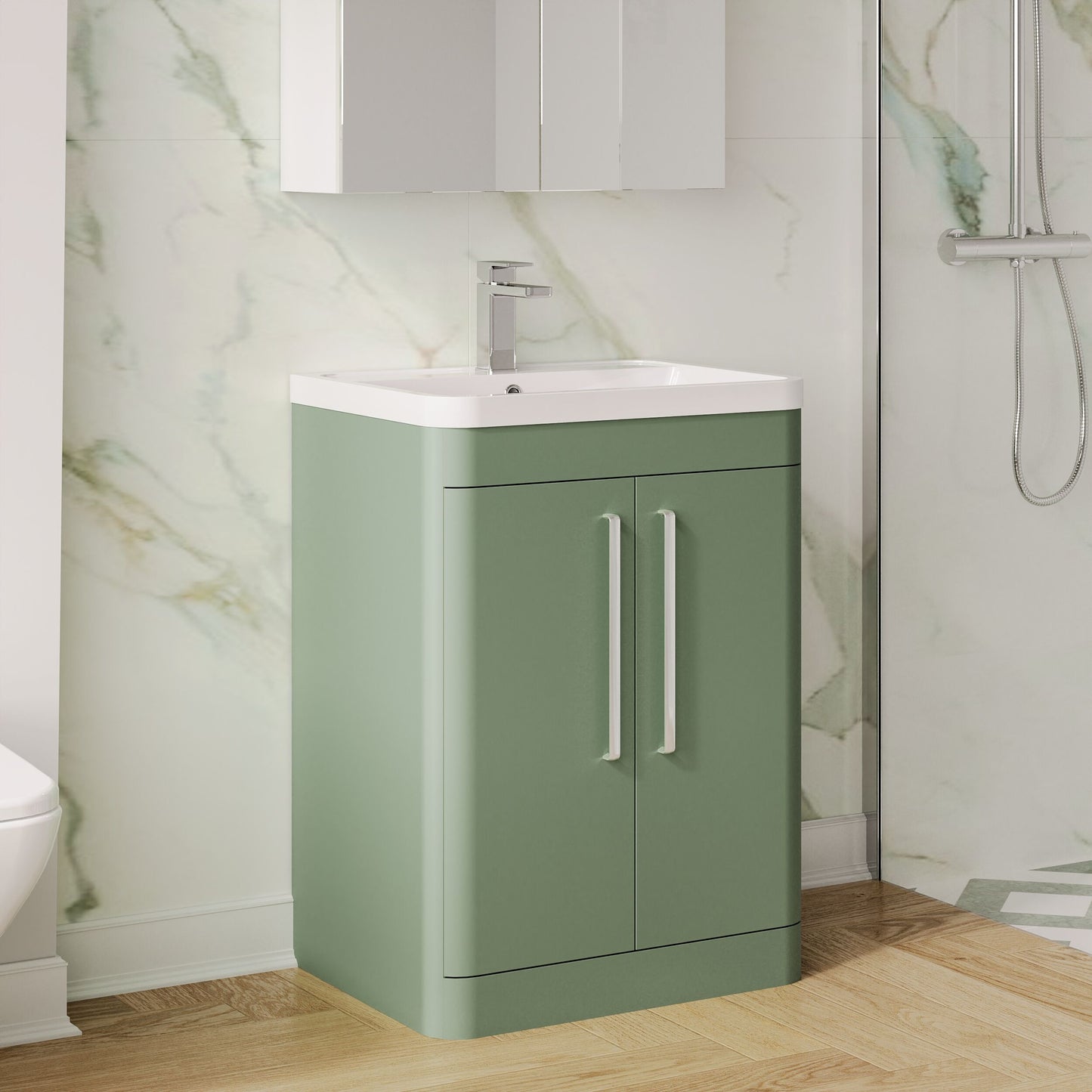 Balterley Wave Contemporary Floor Standing 2 Door Bathroom Vanity Unit & Polymarble Basin, Satin Green, 600mm