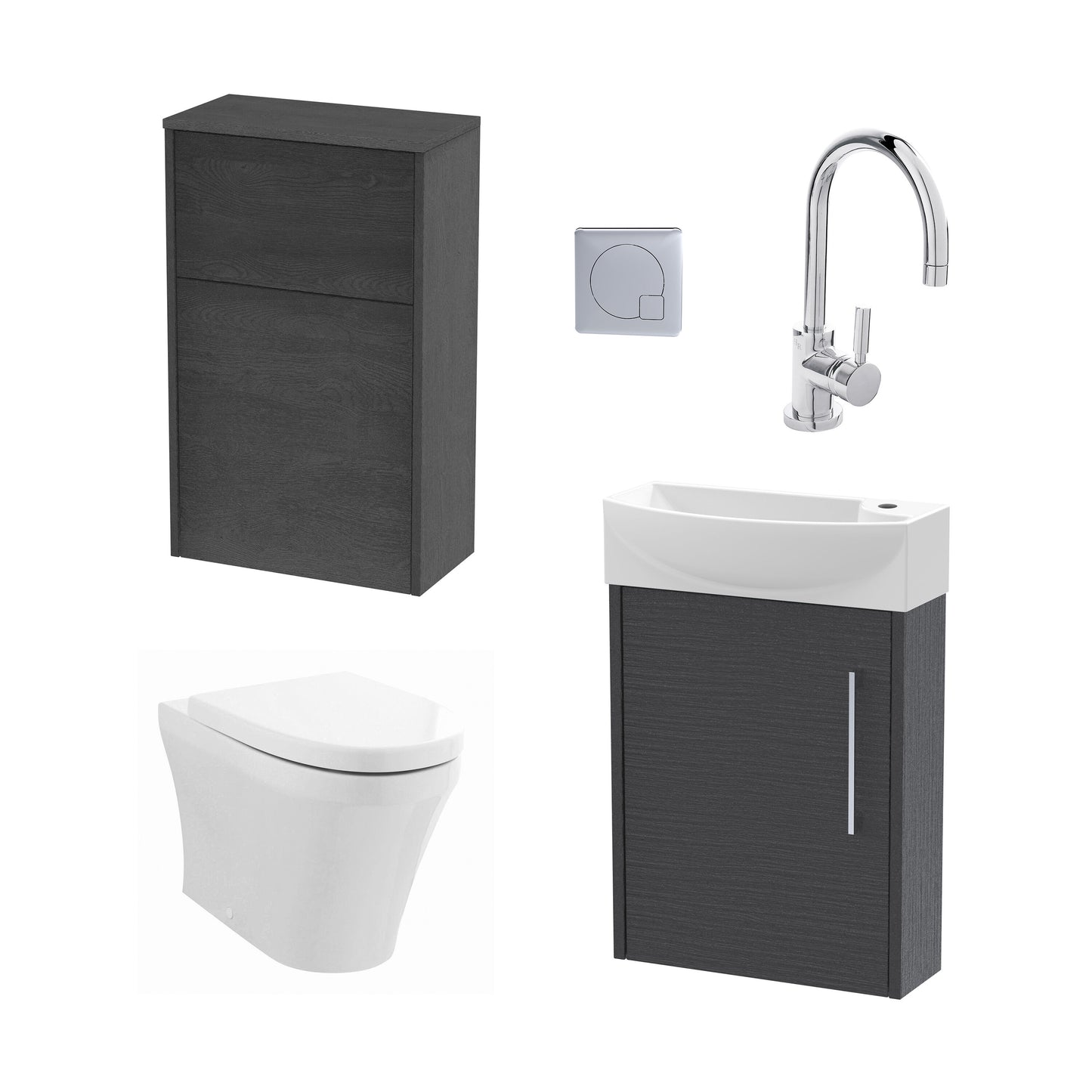 Nuie Deco 440mm Coastal Grey Left Hand Wall Hung Vanity Basin Unit, WC Unit, Back to Wall Toilet Pan, Soft Close Toilet Seat, Basin Mixer Tap, Concealed Cistern and Push Button