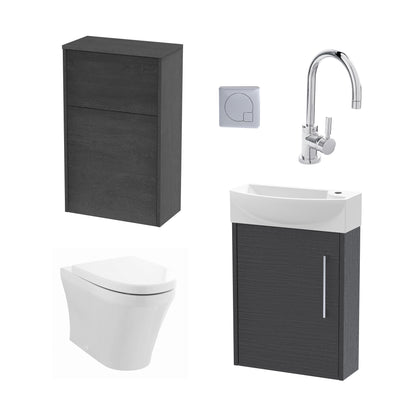 Nuie Deco 440mm Coastal Grey Left Hand Wall Hung Vanity Basin Unit, WC Unit, Back to Wall Toilet Pan, Soft Close Toilet Seat, Basin Mixer Tap, Concealed Cistern and Push Button