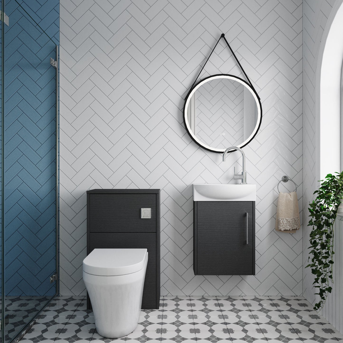 Nuie Deco 440mm Coastal Grey Left Hand Wall Hung Vanity Basin Unit, WC Unit, Back to Wall Toilet Pan, Soft Close Toilet Seat, Basin Mixer Tap, Concealed Cistern and Push Button