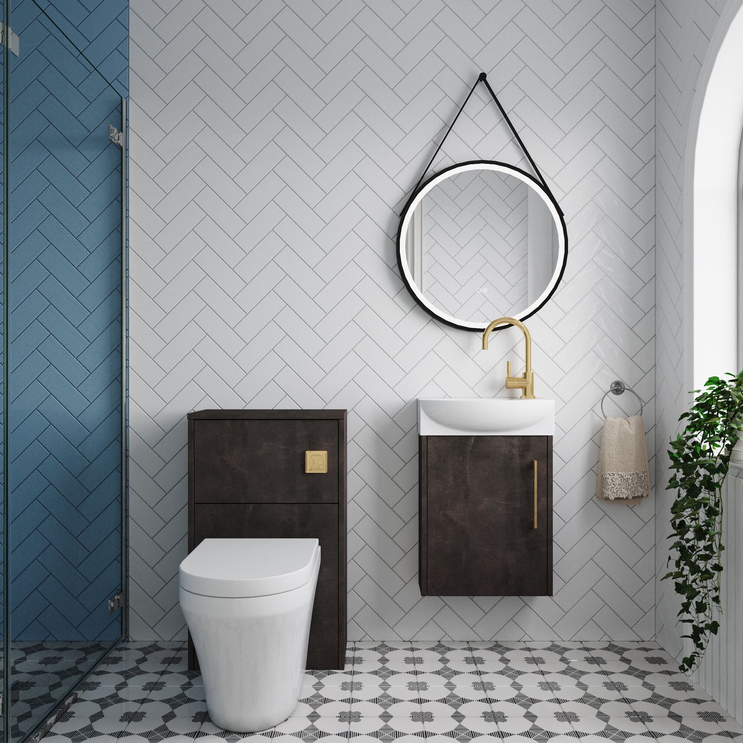 Nuie Deco 440mm Metallic Slate Left Hand Wall Hung Vanity Basin Unit, WC Unit, Back to Wall Toilet Pan, Soft Close Toilet Seat, Basin Mixer Tap, Concealed Cistern and Push Button