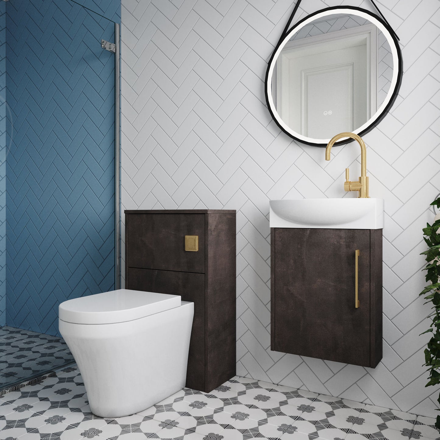 Nuie Deco 440mm Metallic Slate Left Hand Wall Hung Vanity Basin Unit, WC Unit, Back to Wall Toilet Pan, Soft Close Toilet Seat, Basin Mixer Tap, Concealed Cistern and Push Button