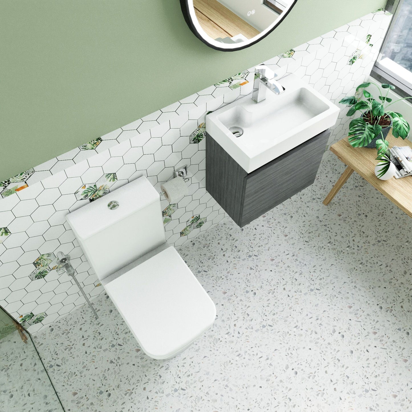 Nuie Deco 500mm Anthracite Woodgrain 500mm Width Wall Hung 1-Door Vanity Basin Unit, Hinge and Fixings, Rectangular L-Shape Basin, P Trap Toilet Pan, Soft Close Square Toilet Seat, Plastic Chrome Plated Cistern, Basin Mixer Tap and Waste