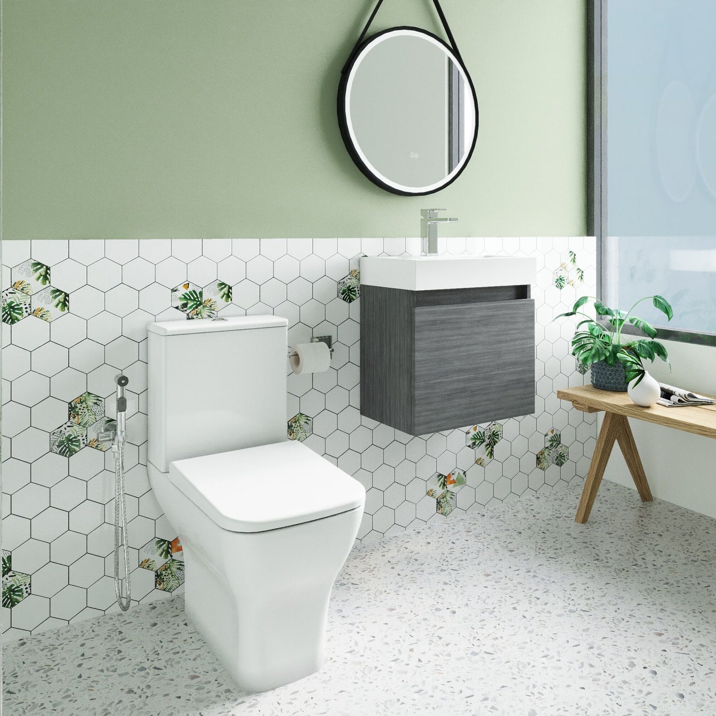 Nuie Deco 500mm Anthracite Woodgrain 500mm Width Wall Hung 1-Door Vanity Basin Unit, Hinge and Fixings, Rectangular L-Shape Basin, P Trap Toilet Pan, Soft Close Square Toilet Seat, Plastic Chrome Plated Cistern, Basin Mixer Tap and Waste