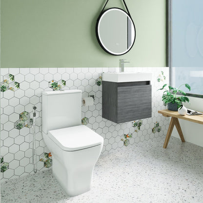 Nuie Deco 500mm Anthracite Woodgrain 500mm Width Wall Hung 1-Door Vanity Basin Unit, Hinge and Fixings, Rectangular L-Shape Basin, P Trap Toilet Pan, Soft Close Square Toilet Seat, Plastic Chrome Plated Cistern, Basin Mixer Tap and Waste