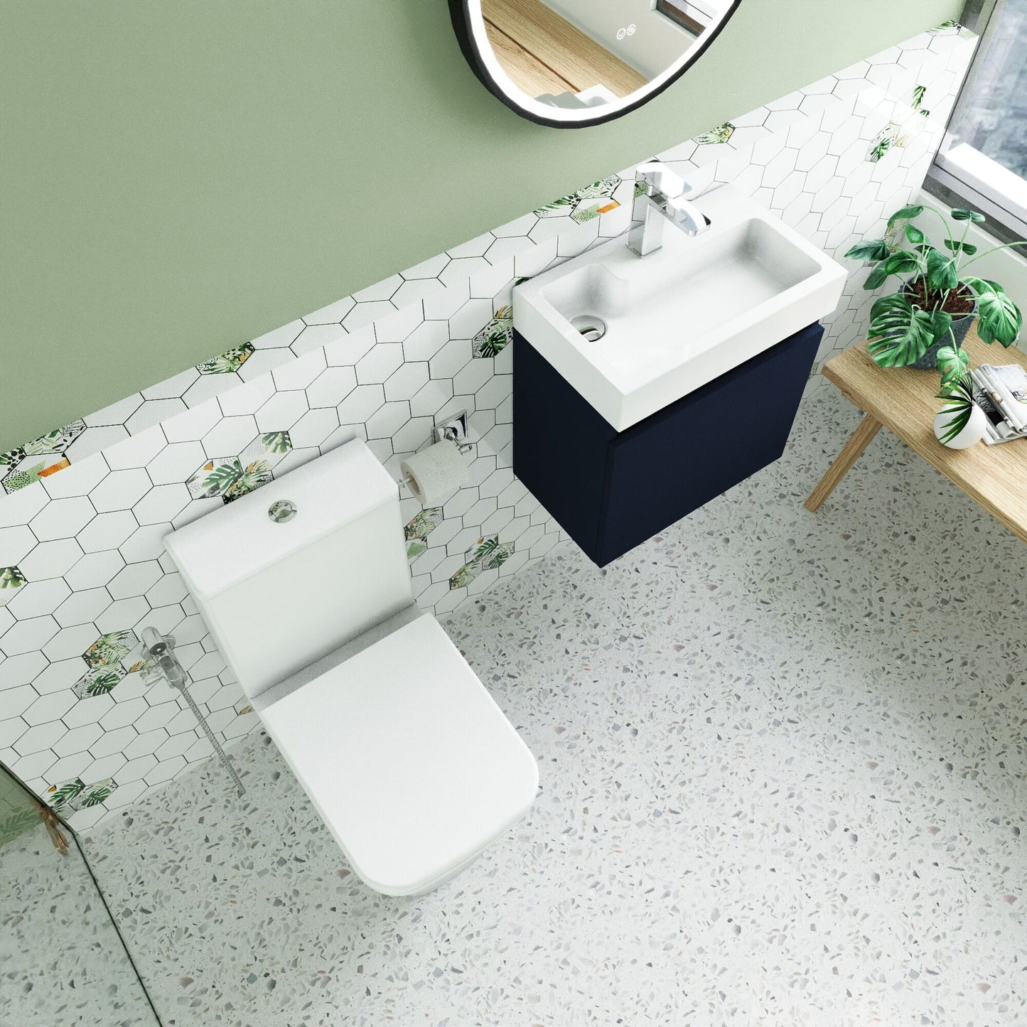 Nuie Deco 500mm Midnight Blue Wall Hung Vanity Basin Unit, Tap, Toilet, and Soft Close Toilet Seat