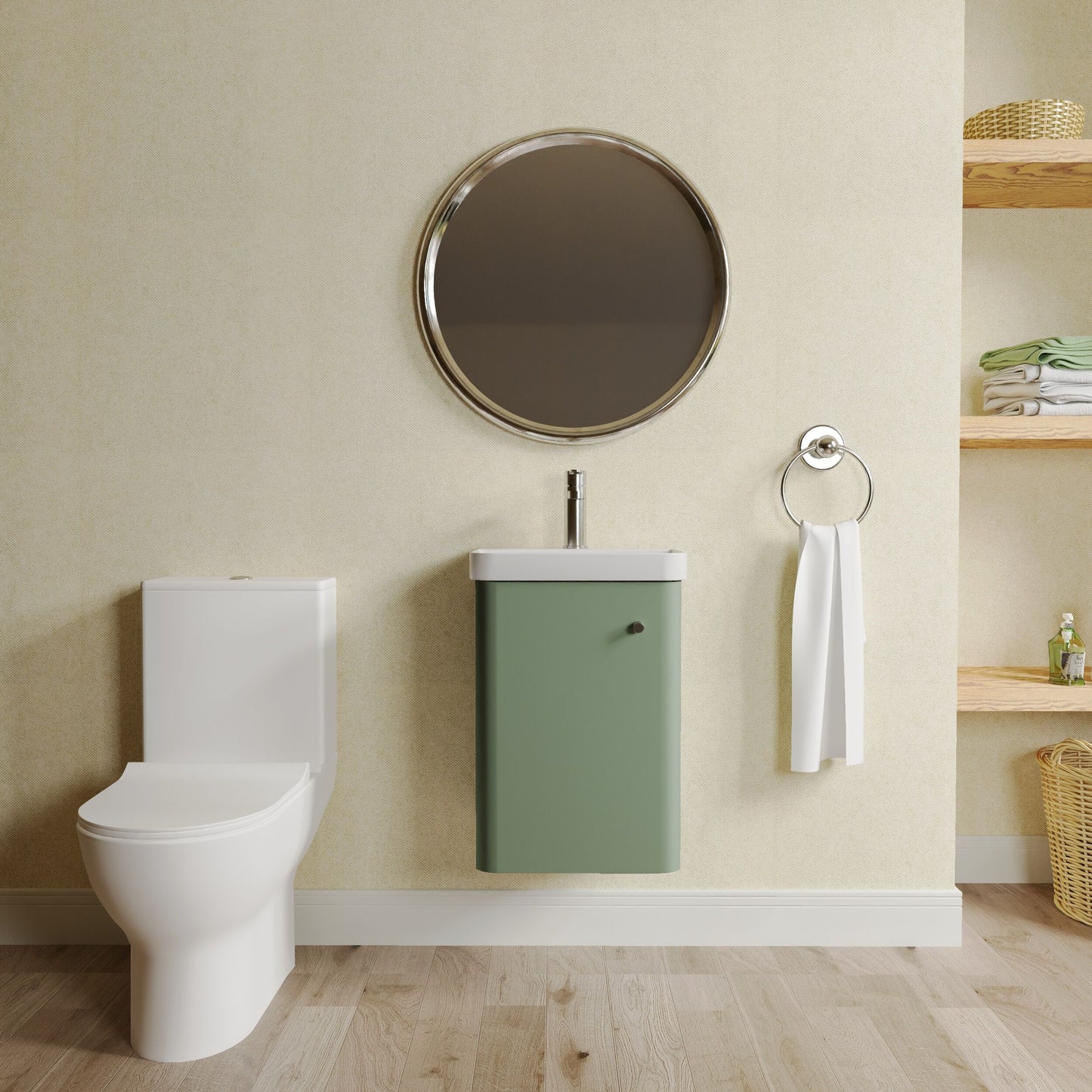 Nuie Deco 379mm Satin Green 400mm Width Wall Hung 1-Door Vanity Basin Unit Green, Knob Handle, Hinge and Fixings, 400mm Thin Edge Basin, P Trap Toilet Pan, Soft Close Round Toilet Seat, Plastic Chrome Plated Cistern, Basin Mixer Tap and Waste