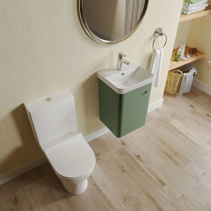 Nuie Deco 379mm Satin Green 400mm Width Wall Hung 1-Door Vanity Basin Unit Green, Knob Handle, Hinge and Fixings, 400mm Thin Edge Basin, P Trap Toilet Pan, Soft Close Round Toilet Seat, Plastic Chrome Plated Cistern, Basin Mixer Tap and Waste