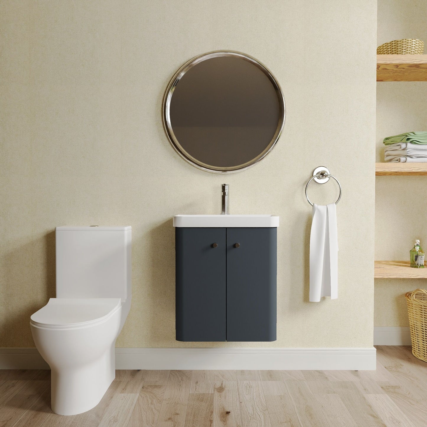 Nuie Deco 479mm Soft Black Wall Hung Vanity Basin Unit, Tap, Toilet, and Soft Close Toilet Seat