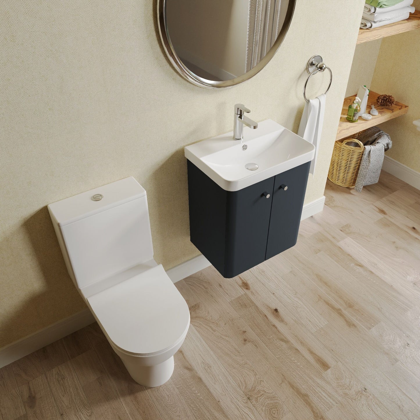 Nuie Deco 479mm Soft Black Wall Hung Vanity Basin Unit, Tap, Toilet, and Soft Close Toilet Seat