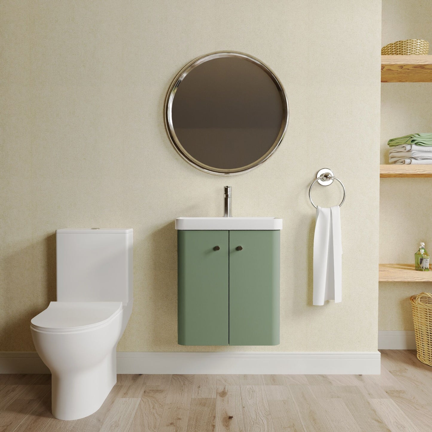 Nuie Deco 479mm Satin Green Wall Hung Vanity Basin Unit, Tap, Toilet, and Soft Close Toilet Seat