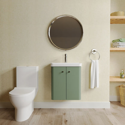 Nuie Deco 479mm Satin Green Wall Hung Vanity Basin Unit, Tap, Toilet, and Soft Close Toilet Seat