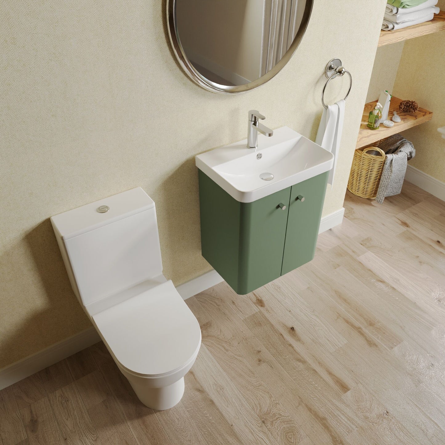 Nuie Deco 479mm Satin Green Wall Hung Vanity Basin Unit, Tap, Toilet, and Soft Close Toilet Seat