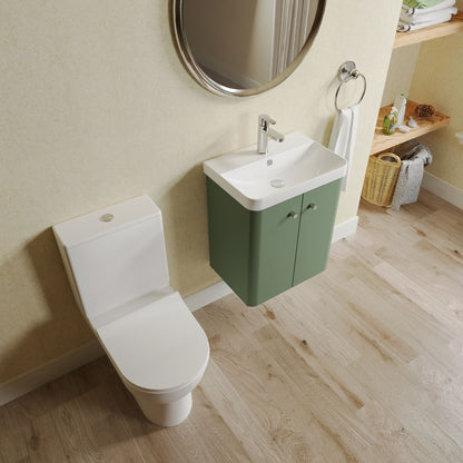 Nuie Deco 479mm Satin Green Wall Hung Vanity Basin Unit, Tap, Toilet, and Soft Close Toilet Seat