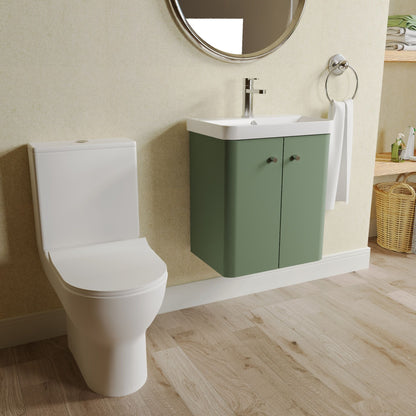 Nuie Deco 479mm Satin Green Wall Hung Vanity Basin Unit, Tap, Toilet, and Soft Close Toilet Seat