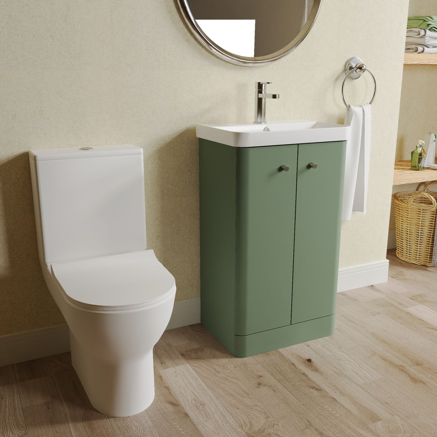 Balterley Contemporary Floor Standing 2 Door Bathroom Vanity Unit, Basin, Tap & Toilet Pack, Satin Green, 479mm
