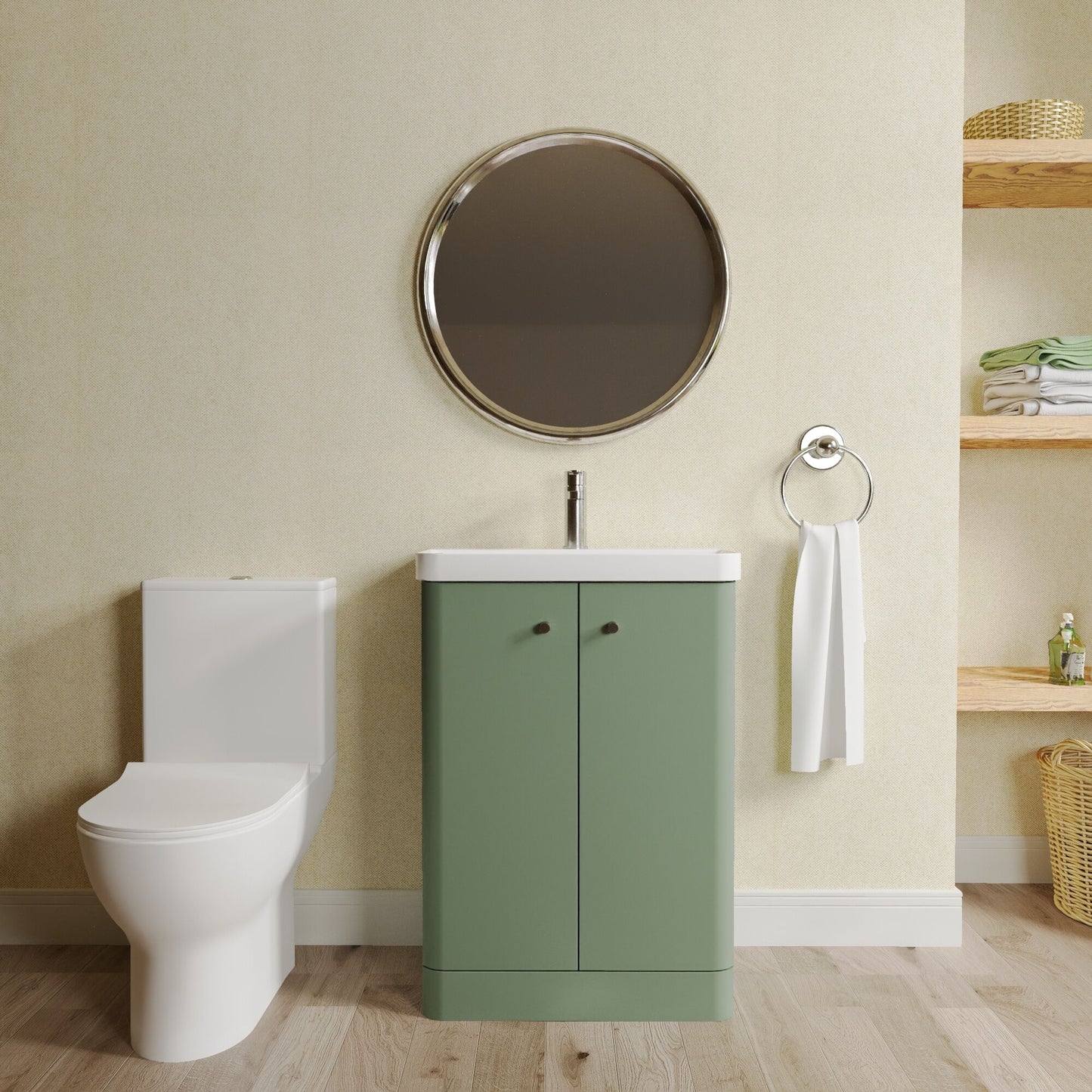 Nuie Deco 579mm Satin Green Floor Standing Vanity Basin Unit, Tap, Toilet, and Soft Close Toilet Seat