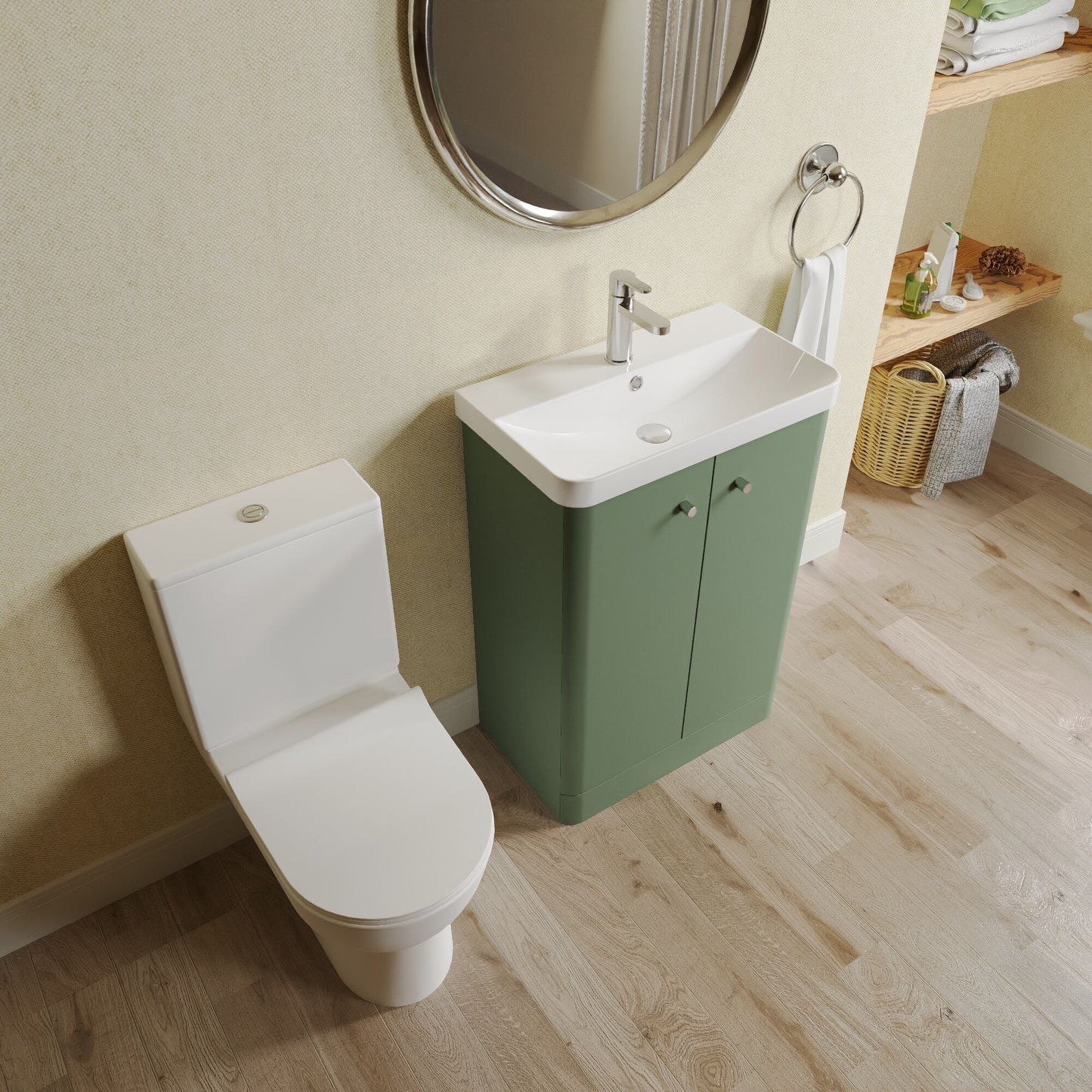 Nuie Deco 579mm Satin Green Floor Standing Vanity Basin Unit, Tap, Toilet, and Soft Close Toilet Seat