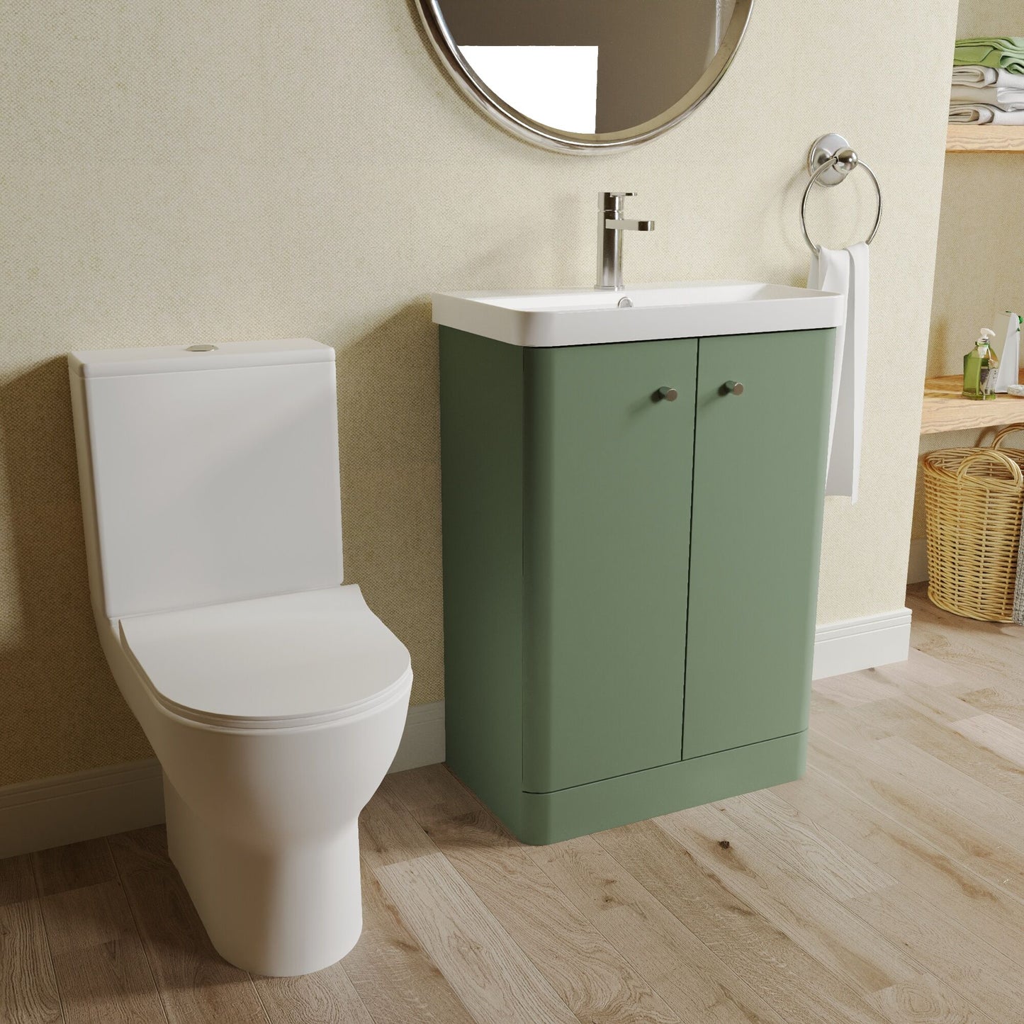Nuie Deco 579mm Satin Green Floor Standing Vanity Basin Unit, Tap, Toilet, and Soft Close Toilet Seat