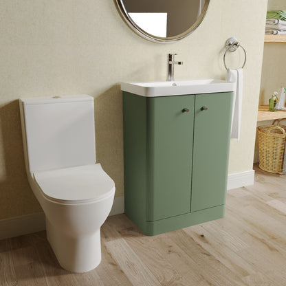 Nuie Deco 579mm Satin Green Floor Standing Vanity Basin Unit, Tap, Toilet, and Soft Close Toilet Seat