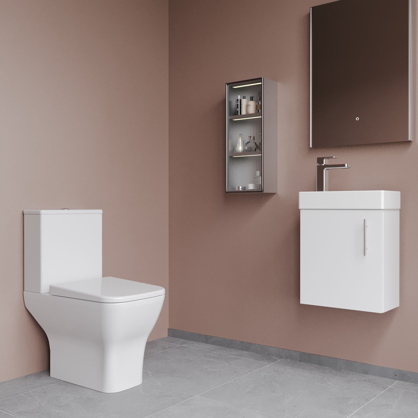 Nuie 400mm Satin Green Wall Hung Soft Close Vanity Unit Toilet & Tap With Soft Close Seat & Waste