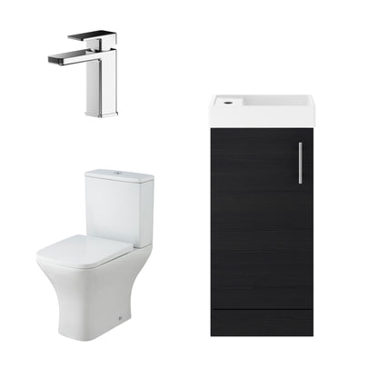 Nuie Deco 405mm Charcoal Black Floor Standing Vanity Basin Unit - Charcoal Black, Toilet, Soft Close Toilet Seat, Mini Basin Mixer Tap and Waste