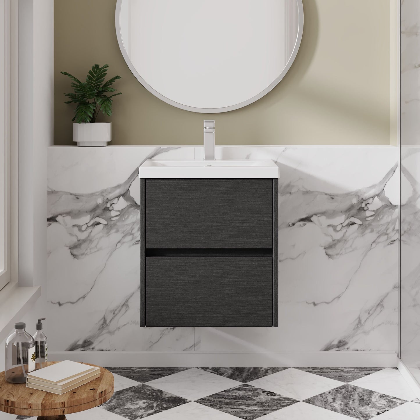 Nuie Havana 500mm Graphite Grey Woodgrain Wall Hung 2 Drawer Vanity Unit with Basin, Soft Close Drawers