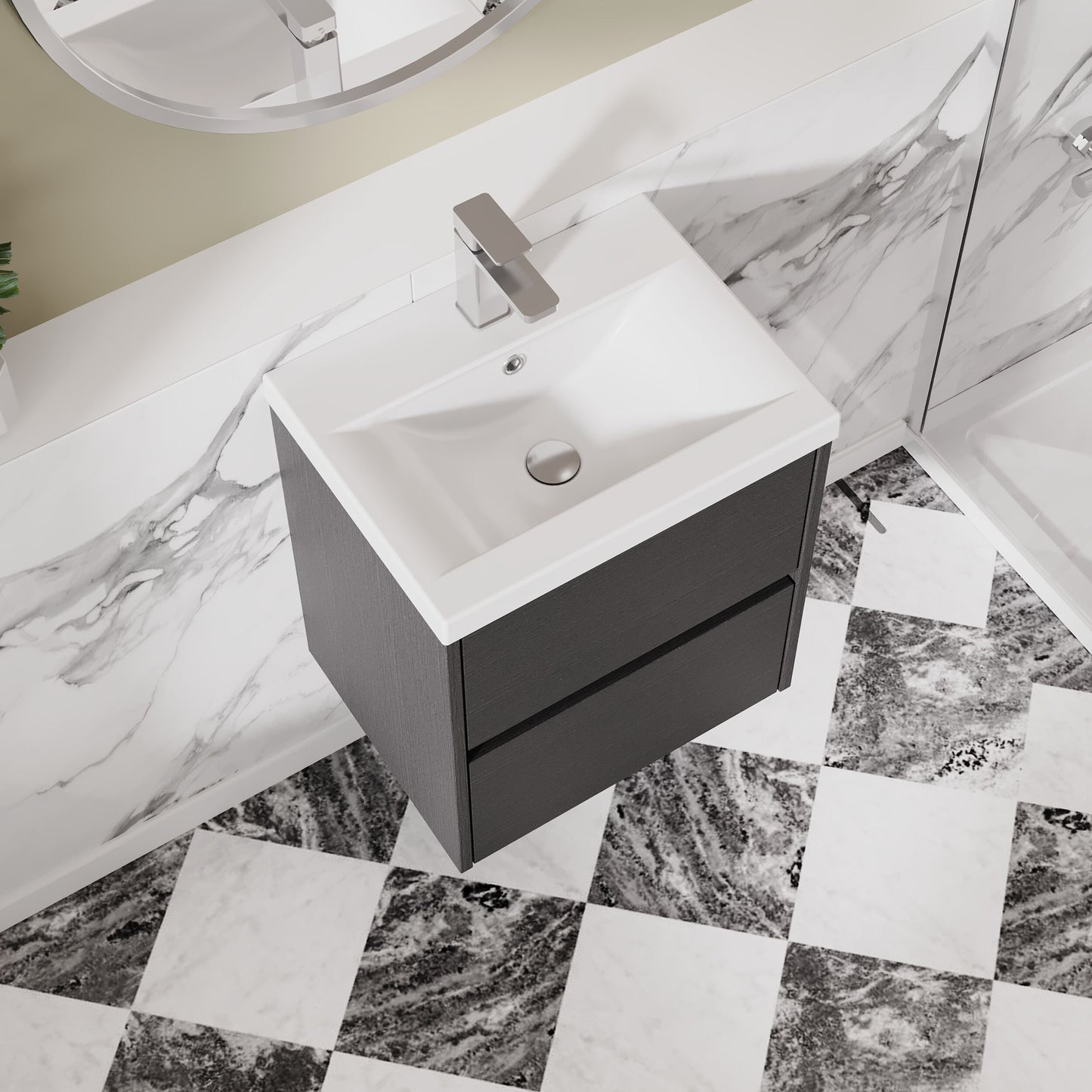 Nuie Havana 500mm Graphite Grey Woodgrain Wall Hung 2 Drawer Vanity Unit with Basin, Soft Close Drawers