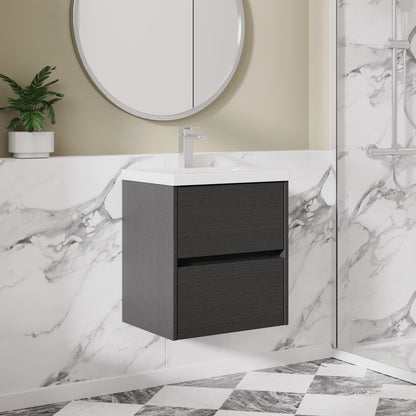 Nuie Havana 500mm Graphite Grey Woodgrain Wall Hung 2 Drawer Vanity Unit with Basin, Soft Close Drawers