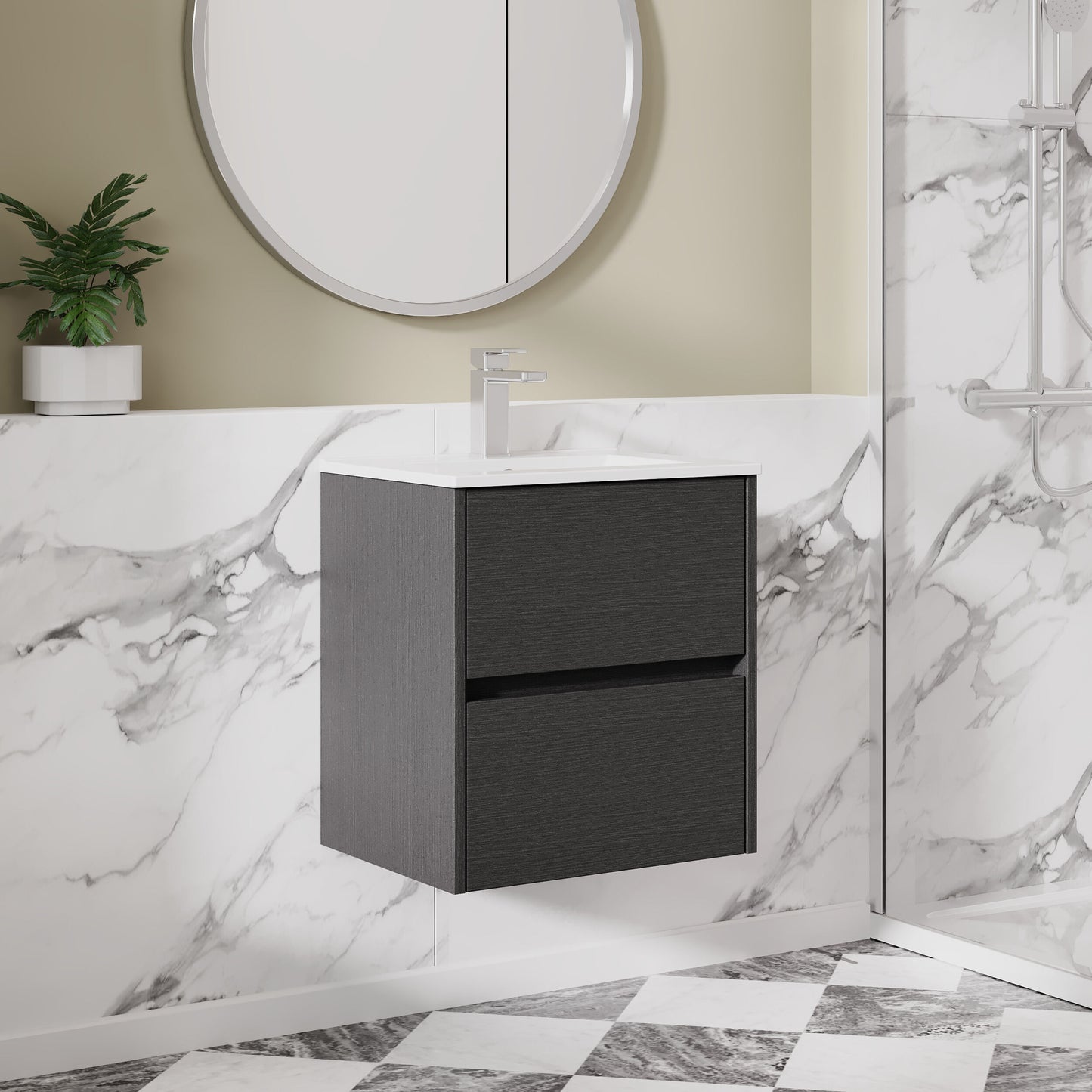 Nuie 500mm Graphite Grey Woodgrain Wall Hung 2 Drawer Vanity Unit with Basin