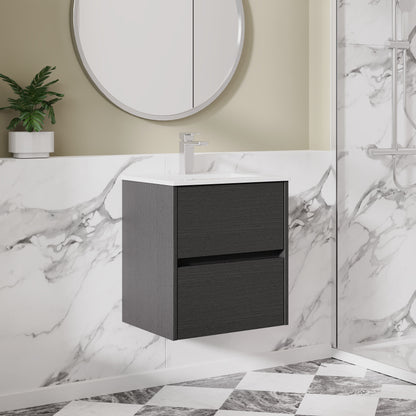 Nuie 500mm Graphite Grey Woodgrain Wall Hung 2 Drawer Vanity Unit with Basin