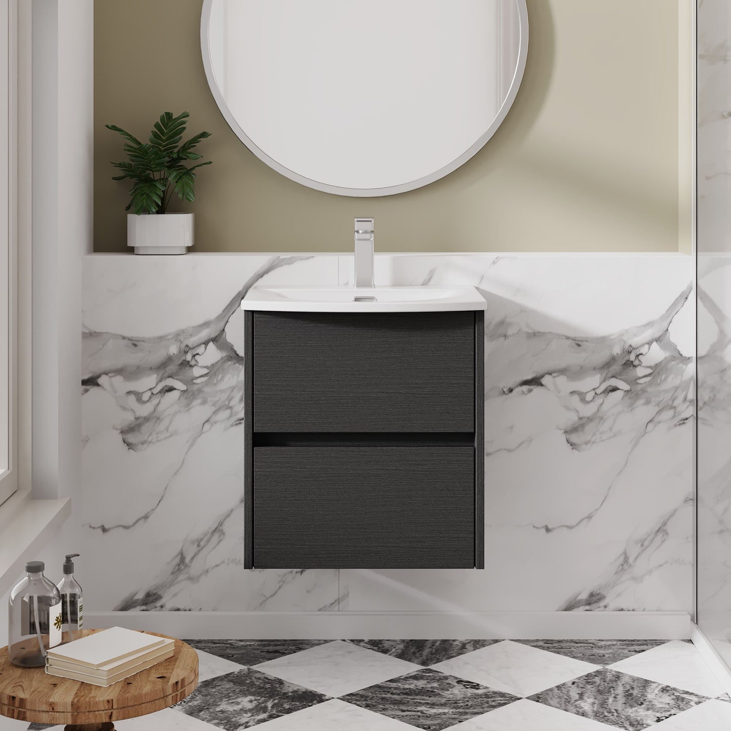 Nuie Havana 500mm Graphite Grey Woodgrain Wall Hung 2 Drawer Vanity Basin Unit With Curved Ceramic Basin