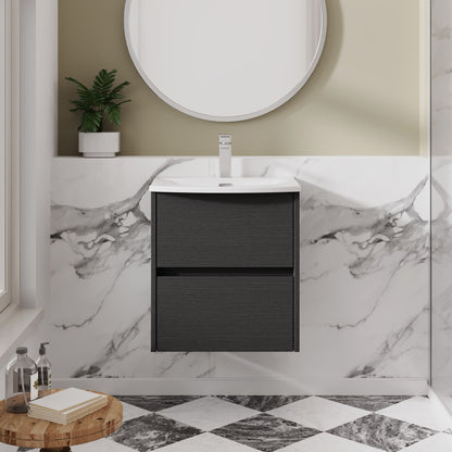 Nuie Havana 500mm Graphite Grey Woodgrain Wall Hung 2 Drawer Vanity Basin Unit With Curved Ceramic Basin