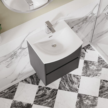 Nuie Havana 500mm Graphite Grey Woodgrain Wall Hung 2 Drawer Vanity Basin Unit With Curved Ceramic Basin