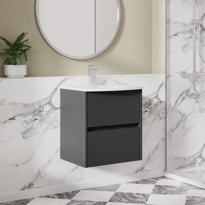Nuie Havana 500mm Graphite Grey Woodgrain Wall Hung 2 Drawer Vanity Basin Unit With Curved Ceramic Basin
